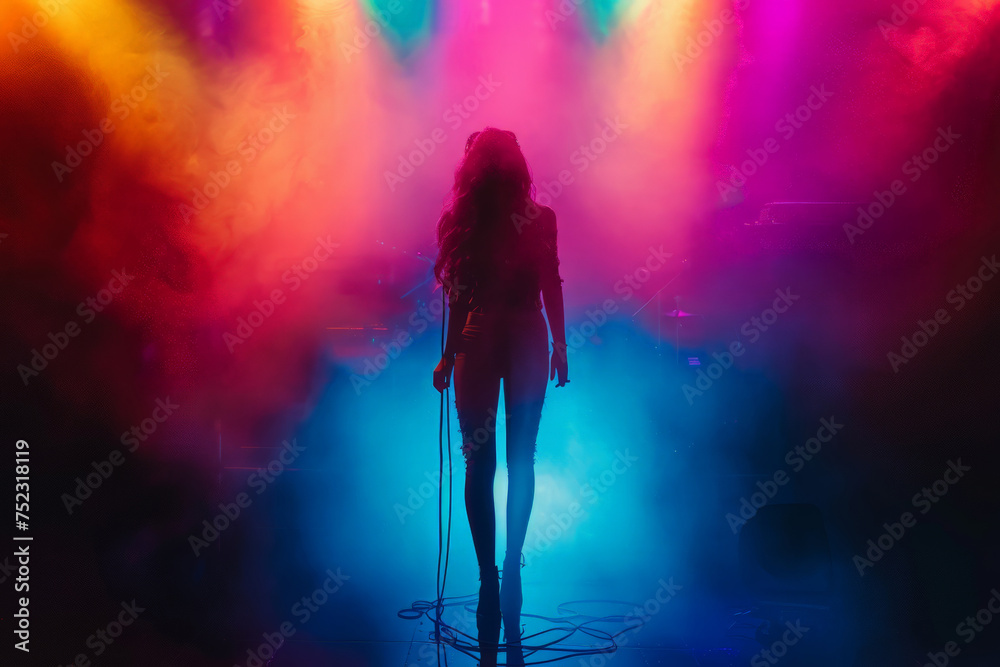 A captivating woman standing gracefully before a dazzling array of colorful lights, evoking a sense of wonder and magic