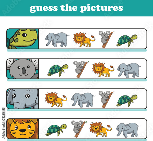 Education game for children guess the correct pictures of cute wild animal cartoon. Vector Illustration
