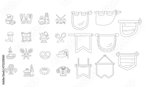 a set of flat linear medieval badges and signage for bakeries, blacksmiths, barbers, armor. In the Middle Ages, icons were flags and standards of knights