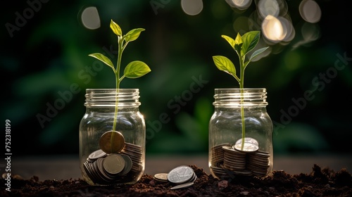 Glass jars with coins and plants inside. Financial growth, personal savings