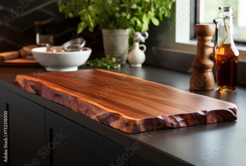 On a kitchen counter, an old wooden board is presented with organic designs.
