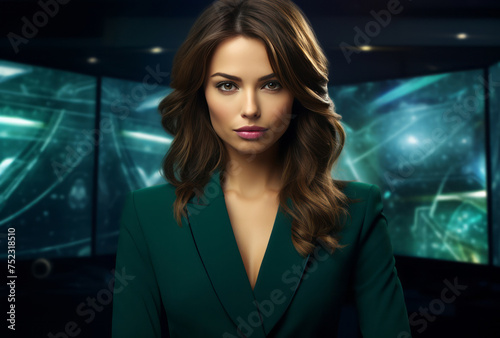 A PC background with a fashion news reporter, styled in dark emerald and navy.