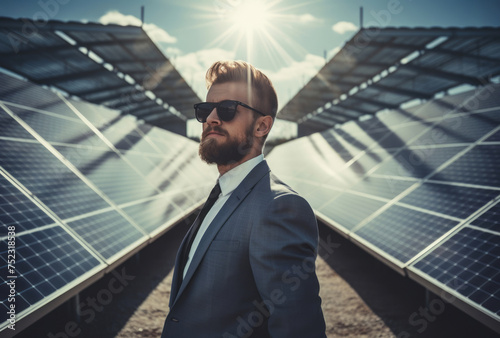 A businessman stands in front of solar panels, styled with soft lighting, verdadism, duckcore, neo-academism, happycore. photo