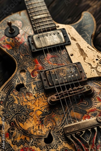 A comicinspired depiction of a guitar with intricate details and a hint of darkness photo