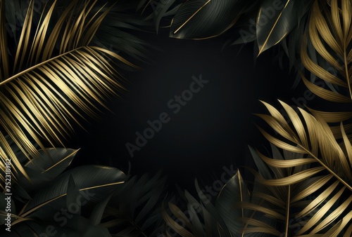 An abstract frame of black and gold palm leaves and tropical leaves, harmonizing with nature in a junglepunk style. photo