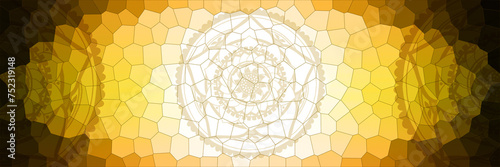 Yellow color, glass surface illustration, with graphic mandala elements, space for text
