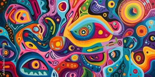 An abstract colored artwork of colorful shapes is presented, styled as absurd doodles with organic flowing forms.