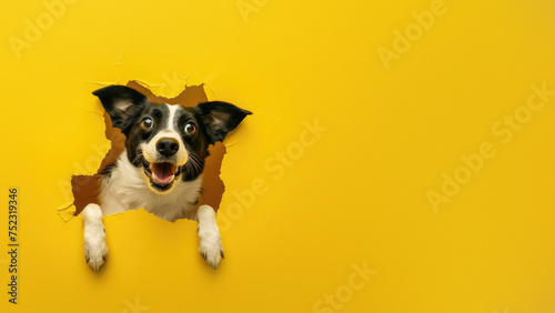 An excited black and white dog showing a playful expression through a torn yellow paper background