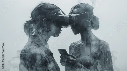 Double exposure of man in vr glasses sketch hologram and woman holding and using a mobile device.