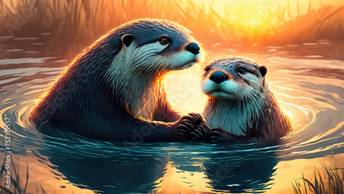 Zwei Otter die im Sonnenuntergang händchen halten