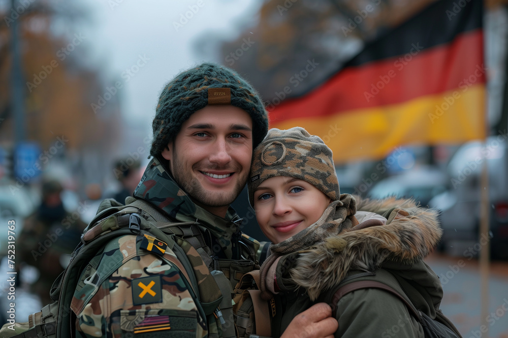 Military man and woman posing in front of Germany flag