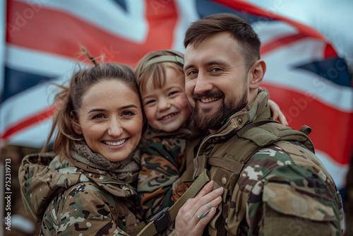 Military Family Embracing With UK Flag in Background