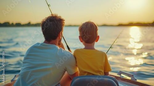 Dad and son, Happy family fishing on boat in summer 