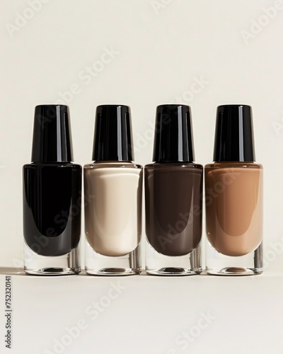 A line-up of nail polish bottles, displaying a beige gradient from light to dark, offering a sophisticated and natural monochromatic transition perfect for any occasion