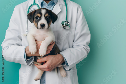 veterinarian with a small puppy, isolated on a gentle mint background, representing care and compassion
