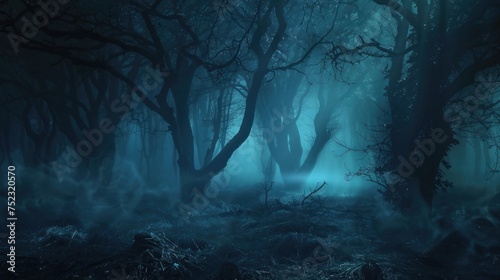 Mystical Blue Forest with Foggy Atmosphere