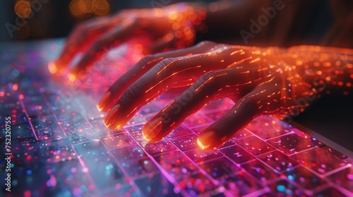 Double exposure of woman hands typing on computer and social network theme hologram drawing. People media concept. photo