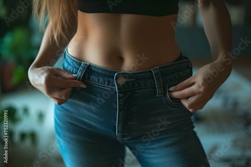 Fat woman trying to zip up her jeans pants. Women's health. Women body fat belly. Obese woman hand holding excessive belly fat. Diet lifestyle concept, healthy stomach muscle. photo