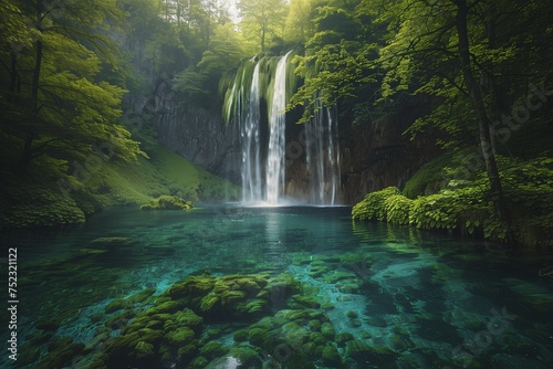 A majestic waterfall cascading into a crystal-clear lake surrounded by lush, ancient forests, captured in the soft light of dawn on Earth Day. photo