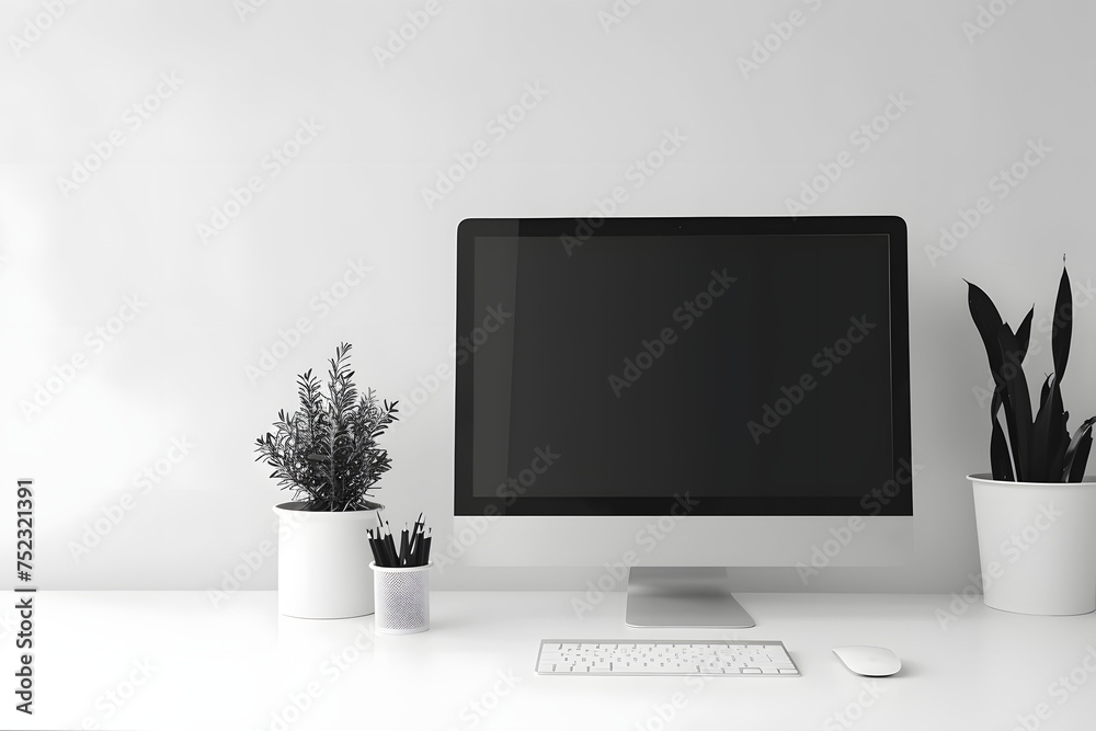 a minimalist office desk setup with a modern computer, on a soft grey background, symbolizing simplicity and productivity, space for copy - obrazy, fototapety, plakaty 