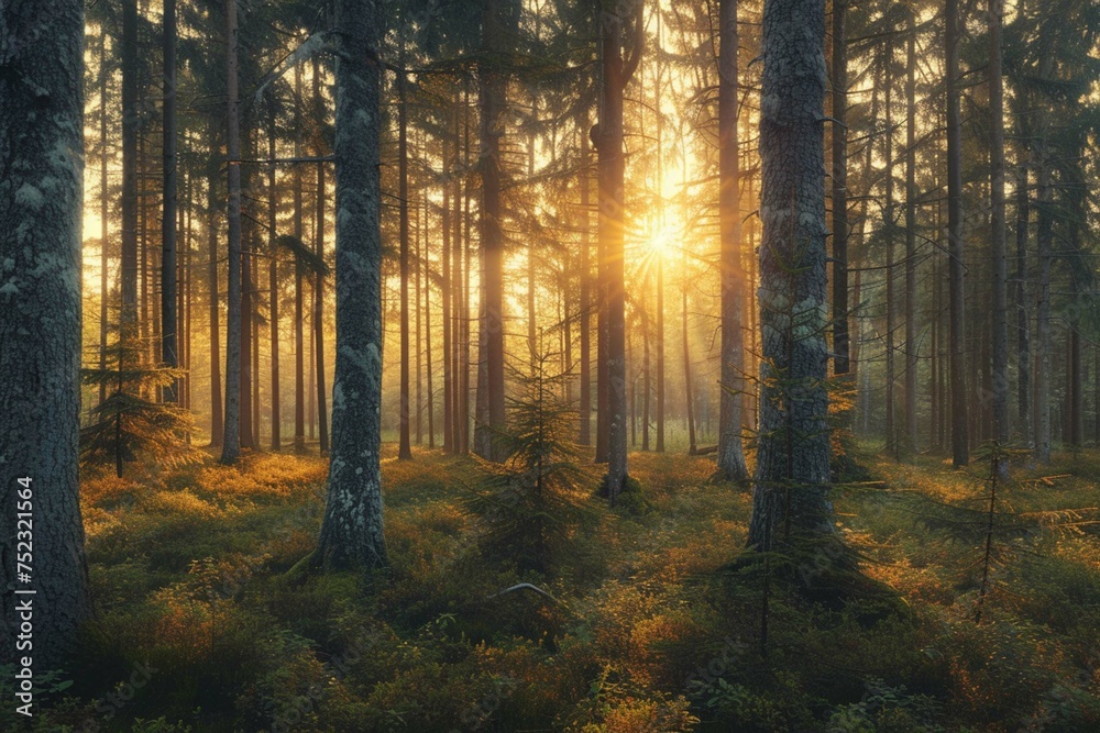 Forest landscape panorama at sunset