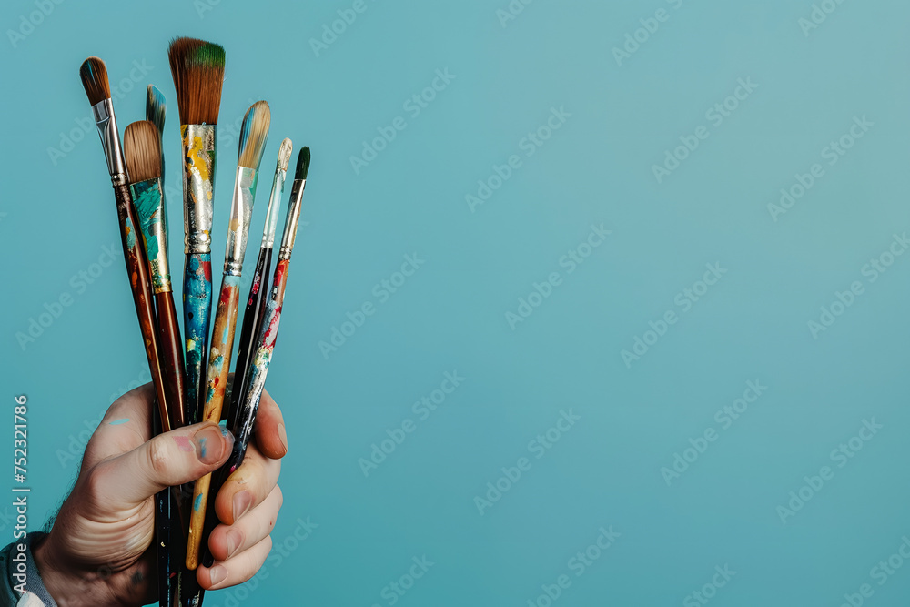 artist holding paintbrushes, isolated on a soft blue background, capturing creativity and artistry - obrazy, fototapety, plakaty 