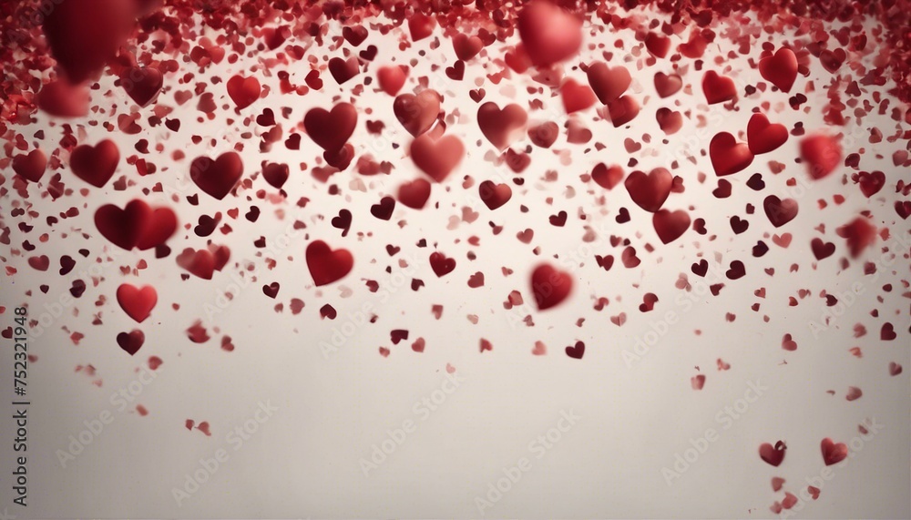 A transparent background hosts a dense cluster of red hearts at the bottom, dispersing upwards, evoking a festive, romantic confetti effect.