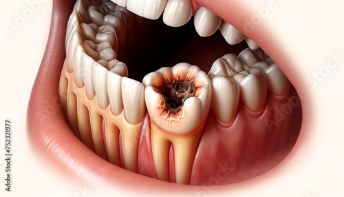 A detailed close-up capturing severe tooth decay in a persons mouth, showcasing rotting teeth and gum disease
