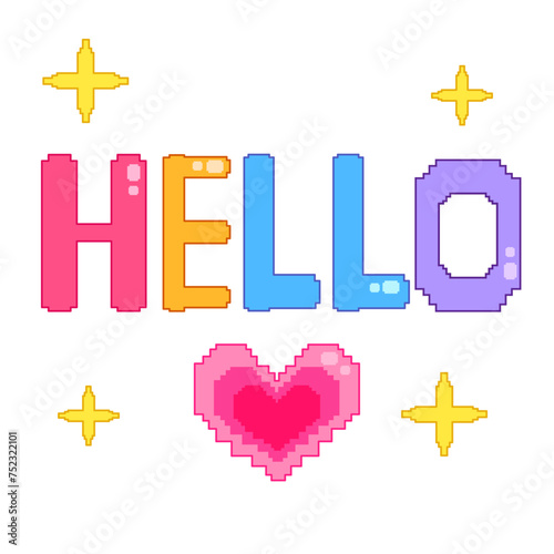 Colorful vector illustration in pixel style with hello lettering, gradient heart and stars. Pink, yellow, colorful