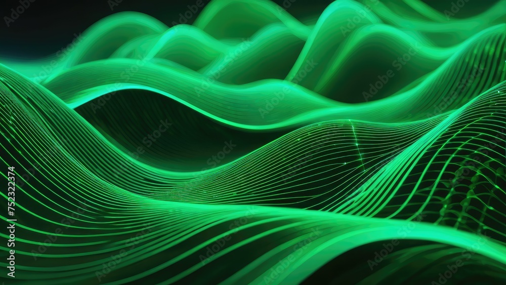 Abstract green aurora undulating like silk across a 3D business technology landscape, cybernetic circuitry interweaving with ethereal light waves, depth of field blurring the periphery