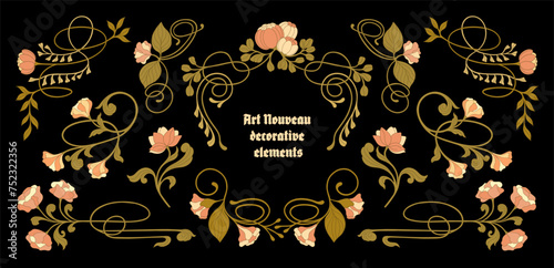 Art Nouveau floral frames, corners, and borders. Vector.