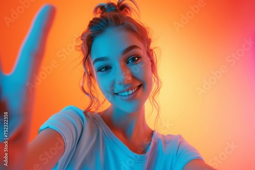 Half-length portrait of young beautiful girl taking selfie and showing peace gesture to camera against gradient orange background in neon light. Concept of communication, media, information, fashion