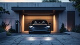 Electric car charging in a minimalist designed garage