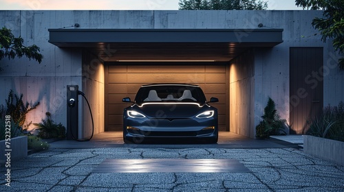 Electric car charging in a minimalist designed garage