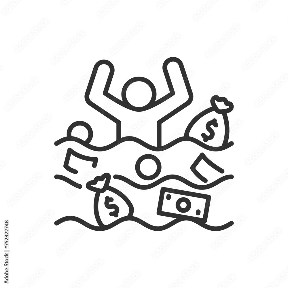 Person in sea of money, linear icon, wealth. Line with editable stroke Person in sea of money, linear icon, wealth. Line with editable stroke