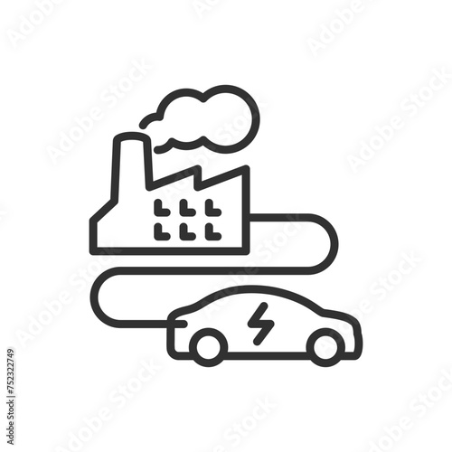 The uneconomical nature of electric cars, linear icon. Factory charges the electric car, and pollutes the environment. Line with editable stroke
