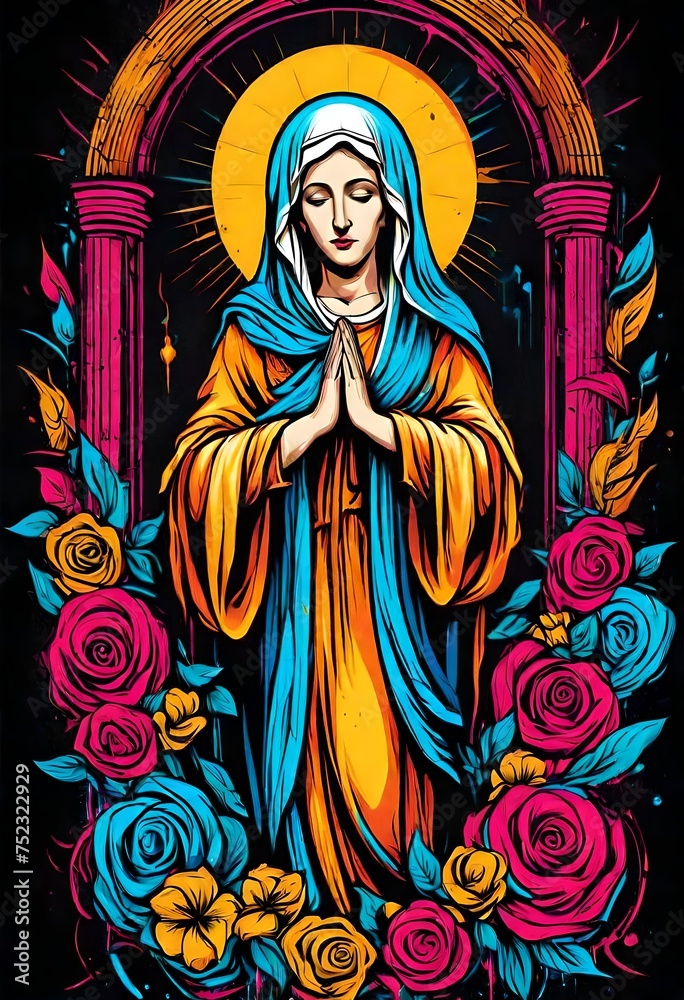 a colorful illustration of mother virgin mary suitable for a t-shirt design. catholic christian roman catholic a colorful illustration of mother virgin mary suitable for a t-shirt design. catholic christian roman catholic