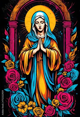 a colorful illustration of mother virgin mary suitable for a t-shirt design. catholic christian roman catholic