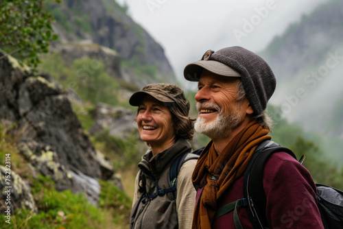 Happy elderly couple hiking together in the mountains with backpacks and smiles on their faces