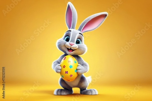 Happy cartoon Easter bunny  full body  isolated  vibrant yellow background  stock photograph style  high-resolution  showcasing joy and festivity  soft shadows enhancing the three-dimensional look