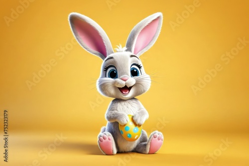 Happy cartoon Easter bunny  full body  isolated  vibrant yellow background  stock photograph style  high-resolution  showcasing joy and festivity  soft shadows enhancing the three-dimensional look