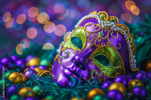 a bright, colorful banner with Mardi Gras holiday symbols, beads and a masquerade mask on a beautiful sparkling background, an advertising layout, an invitation or a postcard photo