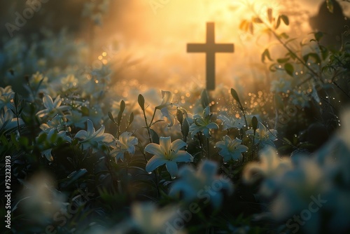 A Serene Easter Morning: The Silhouette of a Cross Amidst Blooming Easter Lilies Under a Soft Dawn Light