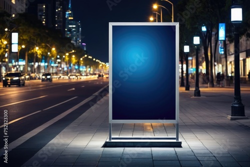 Mockup, vertical advertising banner billboard stand, blank white canvas, positioned on a sidewalk during night, surrounded by city lights, gleaming reflections on the pavement, long shadows