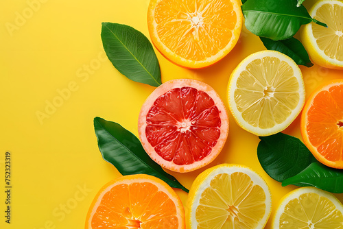 fresh citrus fruits arrangement  isolated on a sunny yellow background  evoking freshness and vitality