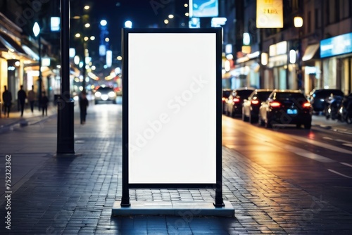 Mockup, vertical advertising banner billboard stand, blank white canvas, positioned on a sidewalk during night, surrounded by city lights, gleaming reflections on the pavement, long shadows