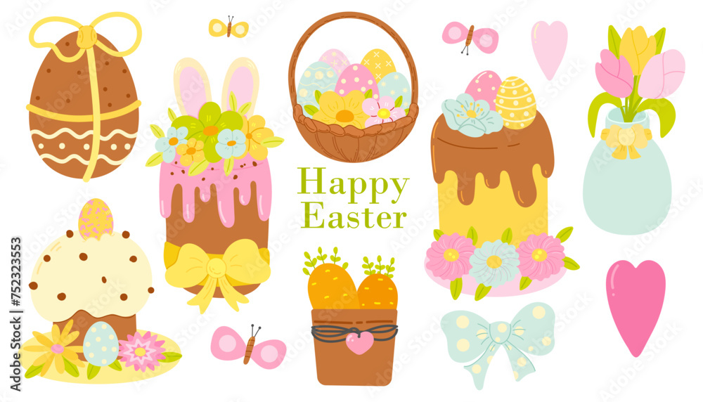 Cute Easter set. Spring collection of cakes, flowers and Easter eggs. For poster, card, scrapbooking , stickers