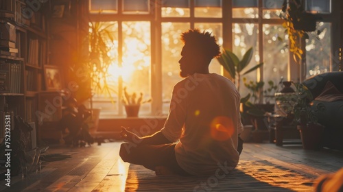 A man sitting quietly in a meditation pose at home, surrounded by soft lighting, showing the use of mindfulness and meditation to cope with mood swings during andropause photo