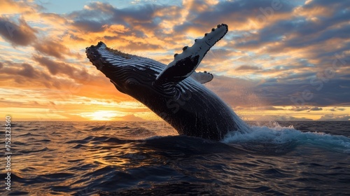 Whale jump in a ocean at sunset, Humpback whale © thesweetsheep