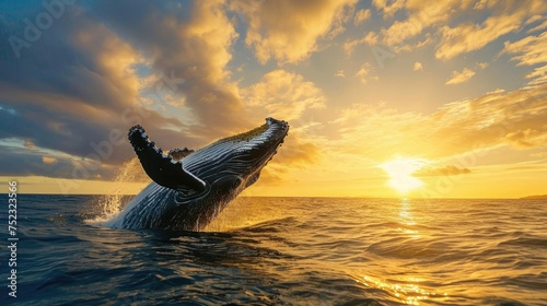 Humpback whale jump in a ocean at sunset